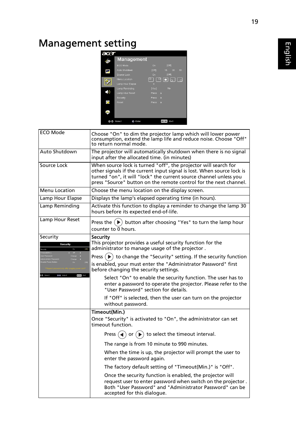 Management setting, Eng lis h | Acer H5350 User Manual | Page 31 / 53