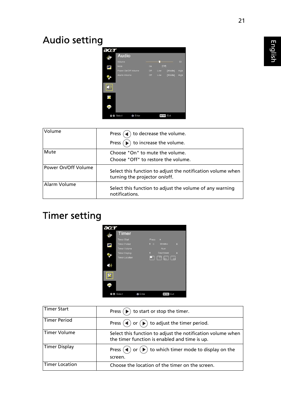 Audio setting, Timer setting, Audio setting timer setting | Eng lis h | Acer H5350 User Manual | Page 33 / 53