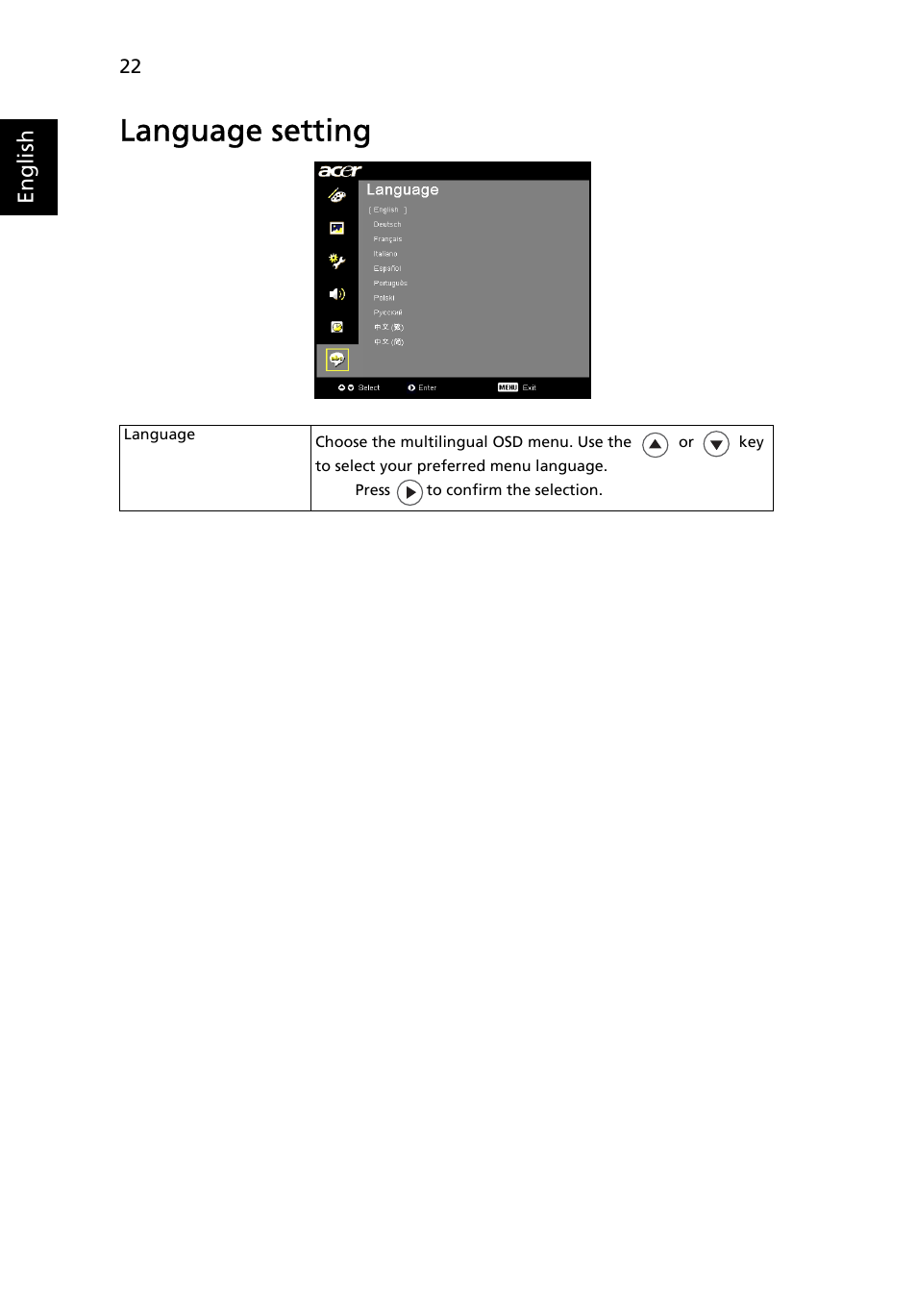 Language setting | Acer H5350 User Manual | Page 34 / 53