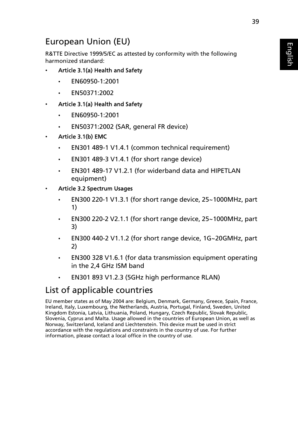 European union (eu), List of applicable countries | Acer H5350 User Manual | Page 51 / 53