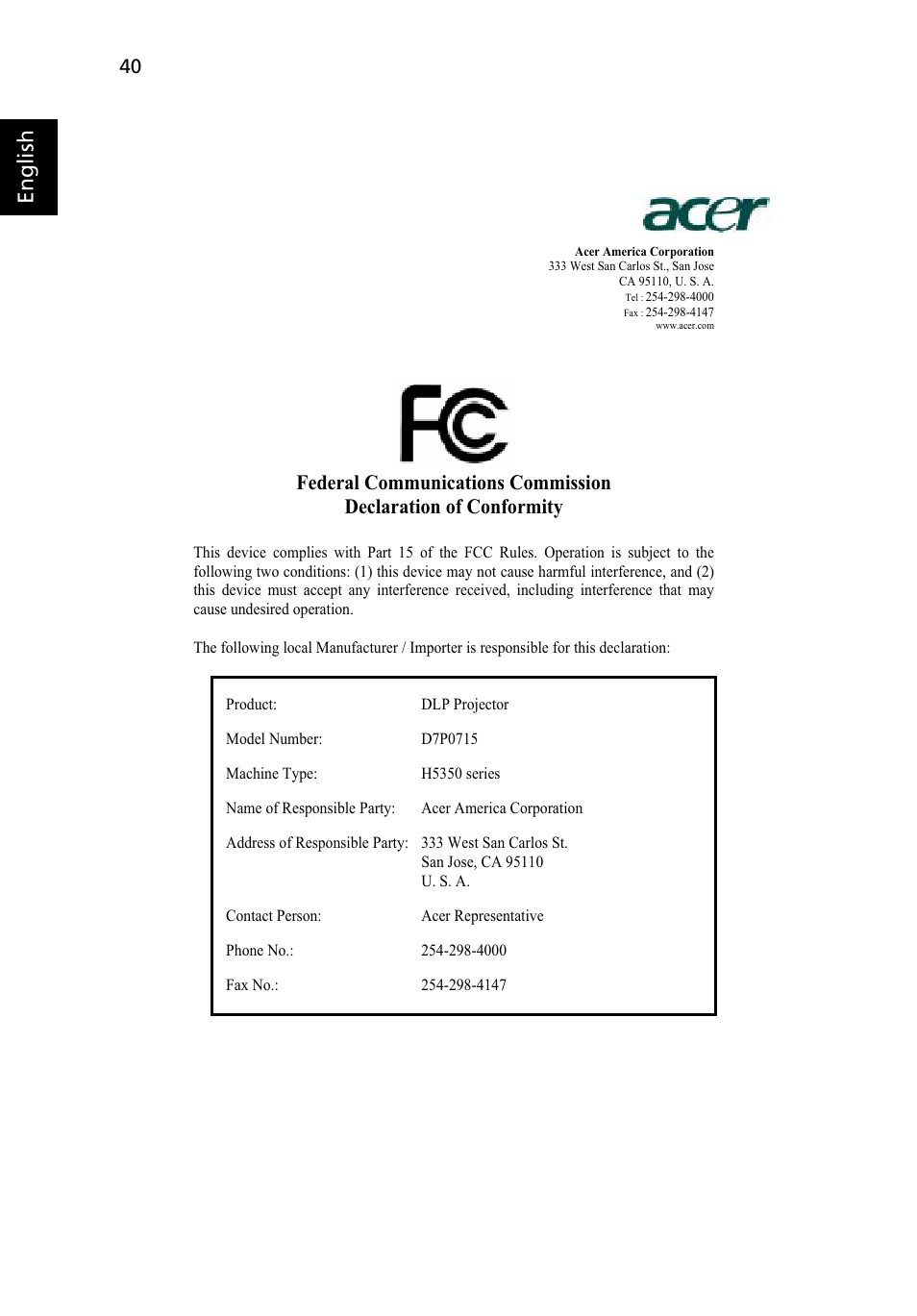 English | Acer H5350 User Manual | Page 52 / 53