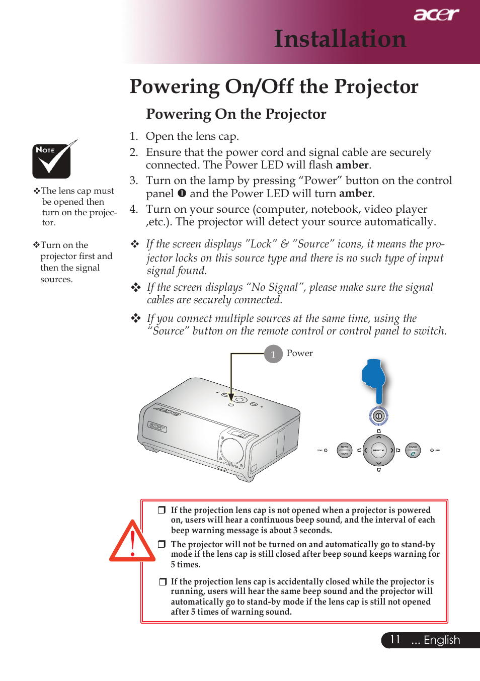 Installation, Powering on/off the projector, Powering on the projector | Acer PW730 User Manual | Page 13 / 46