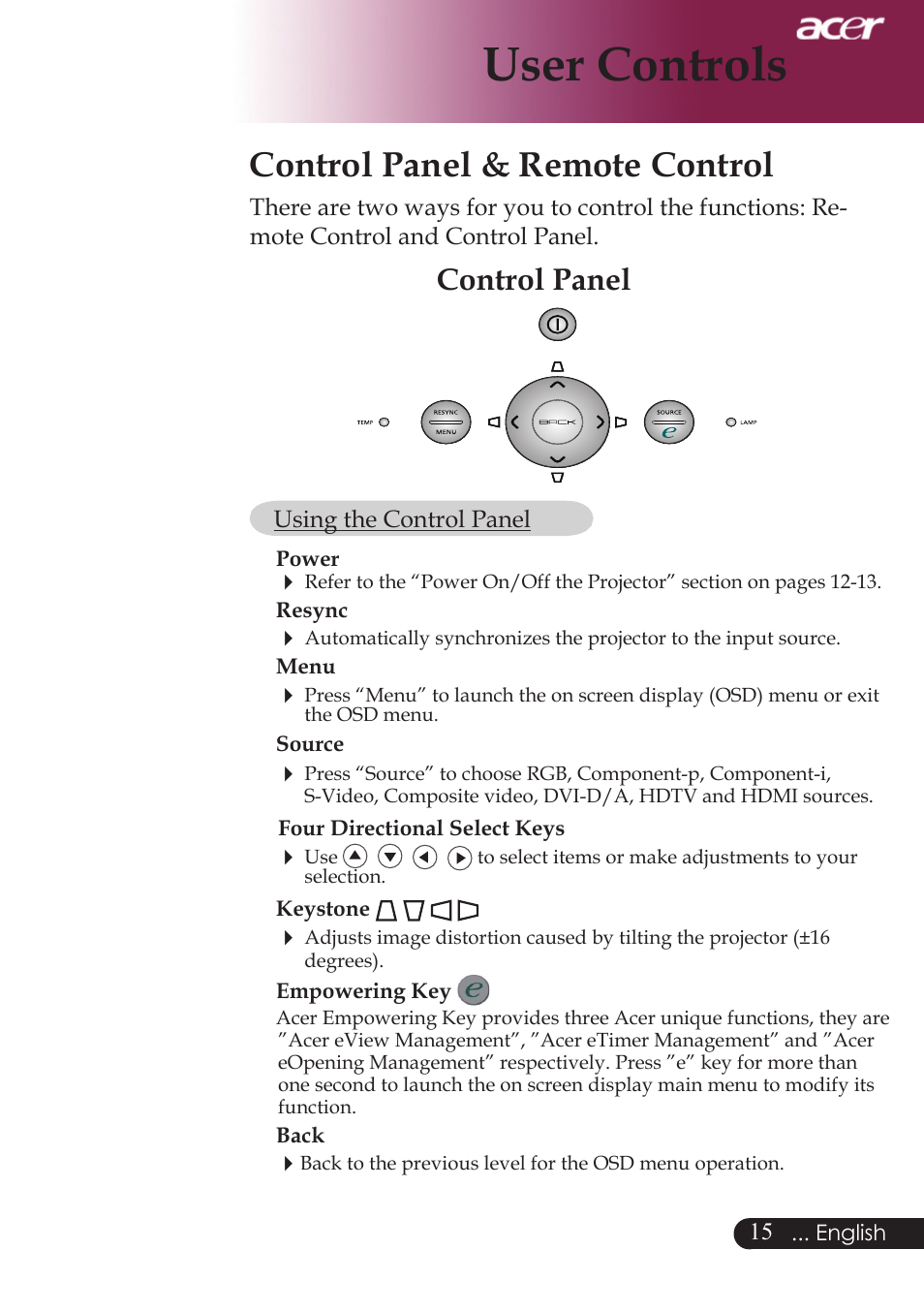 User controls, Control panel & remote control, Control panel | Acer PW730 User Manual | Page 17 / 46
