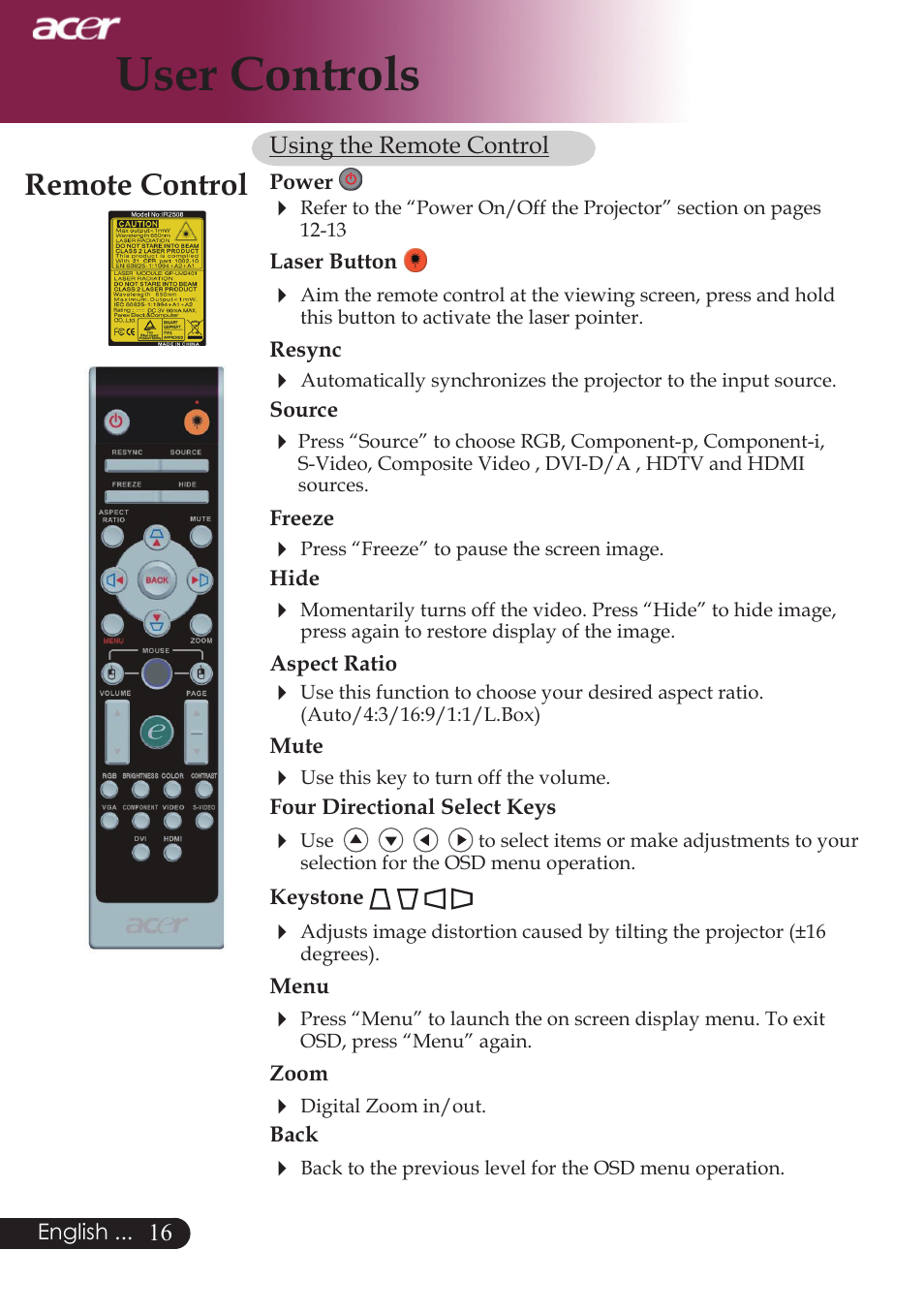 User controls, Remote control | Acer PW730 User Manual | Page 18 / 46