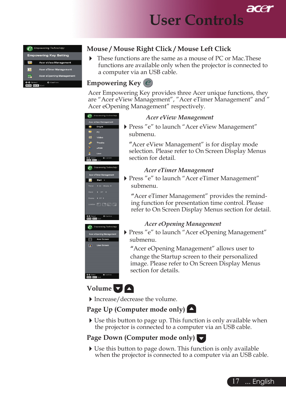 User controls | Acer PW730 User Manual | Page 19 / 46
