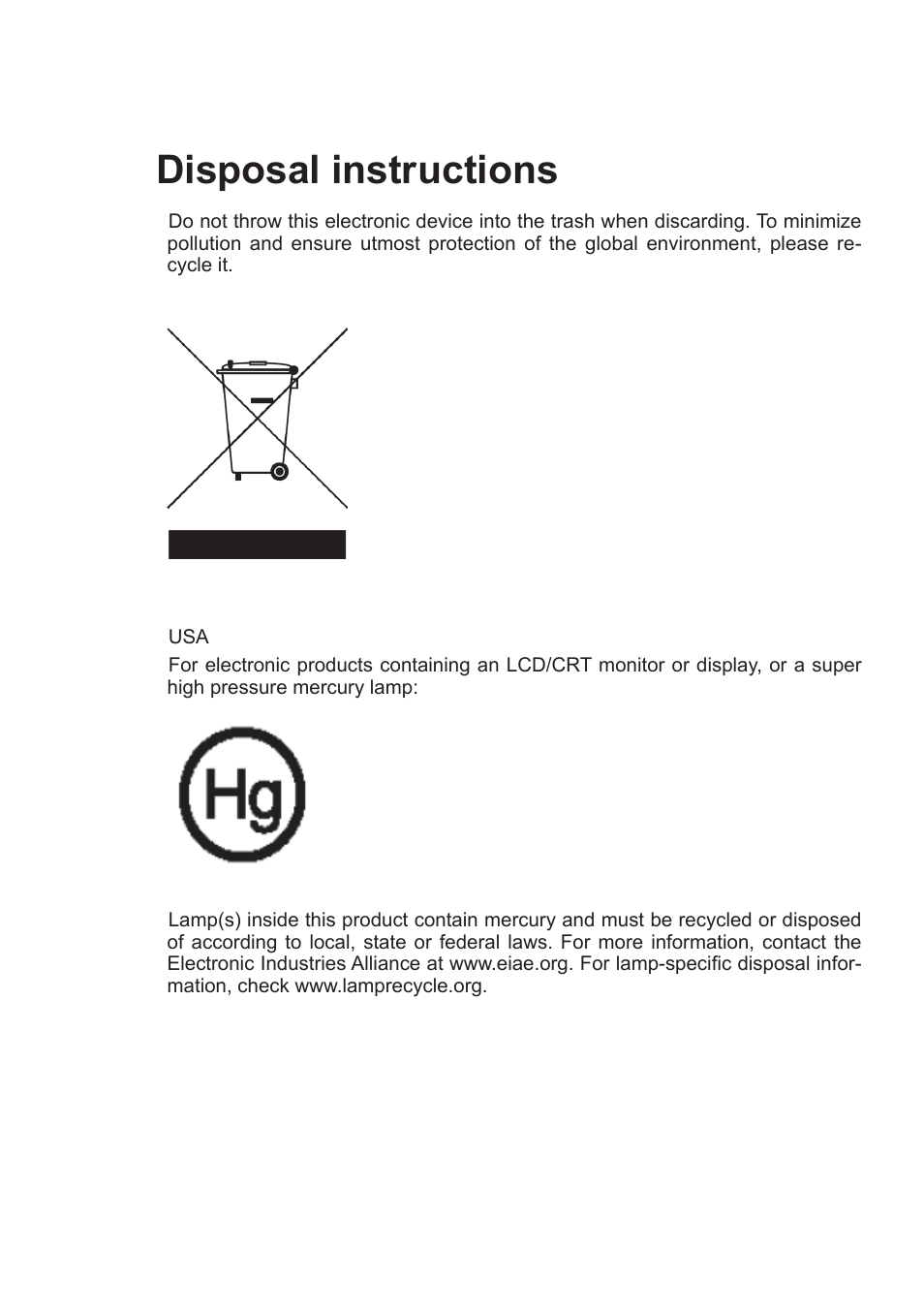 Disposal instructions | Acer PW730 User Manual | Page 2 / 46