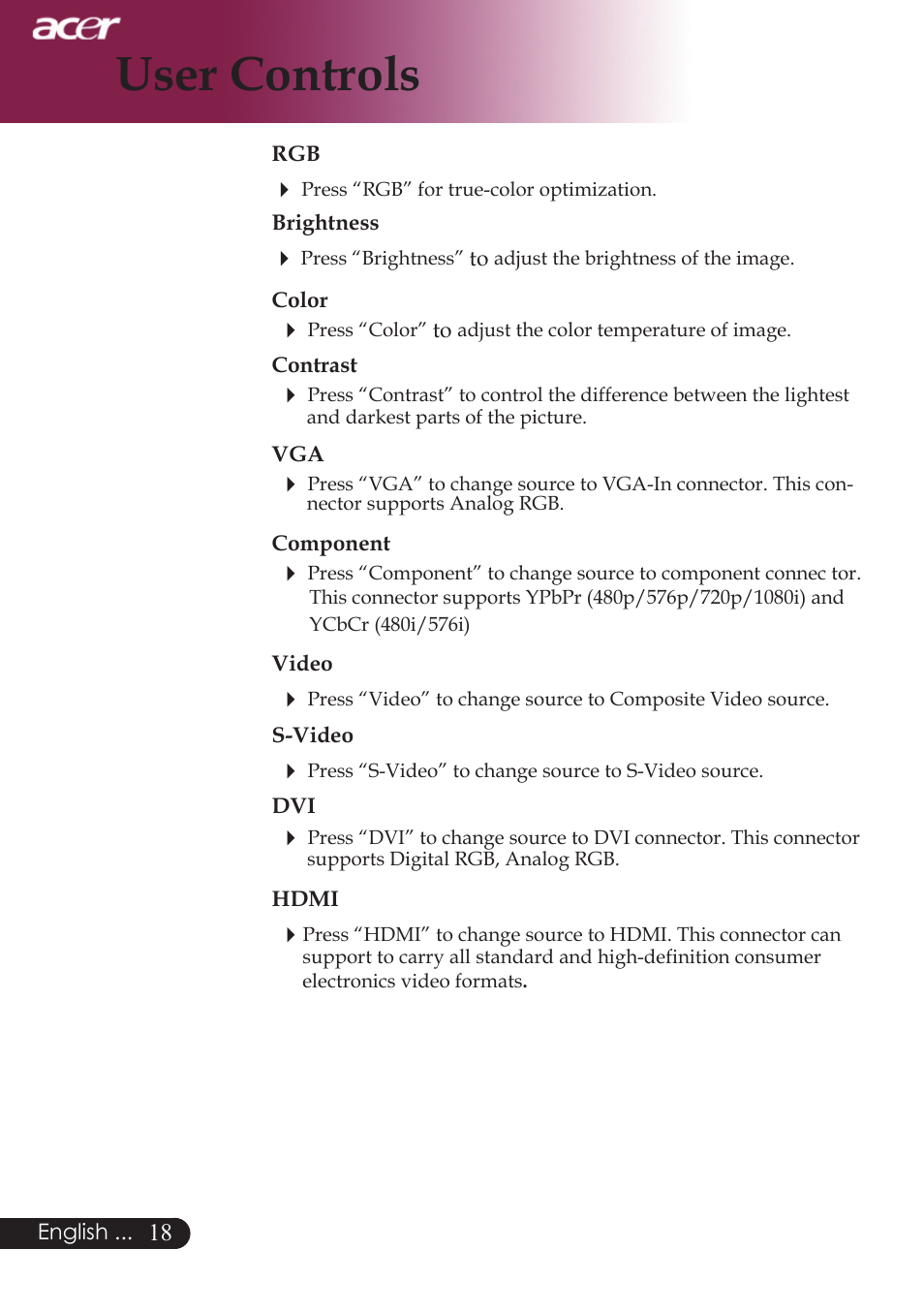 User controls | Acer PW730 User Manual | Page 20 / 46