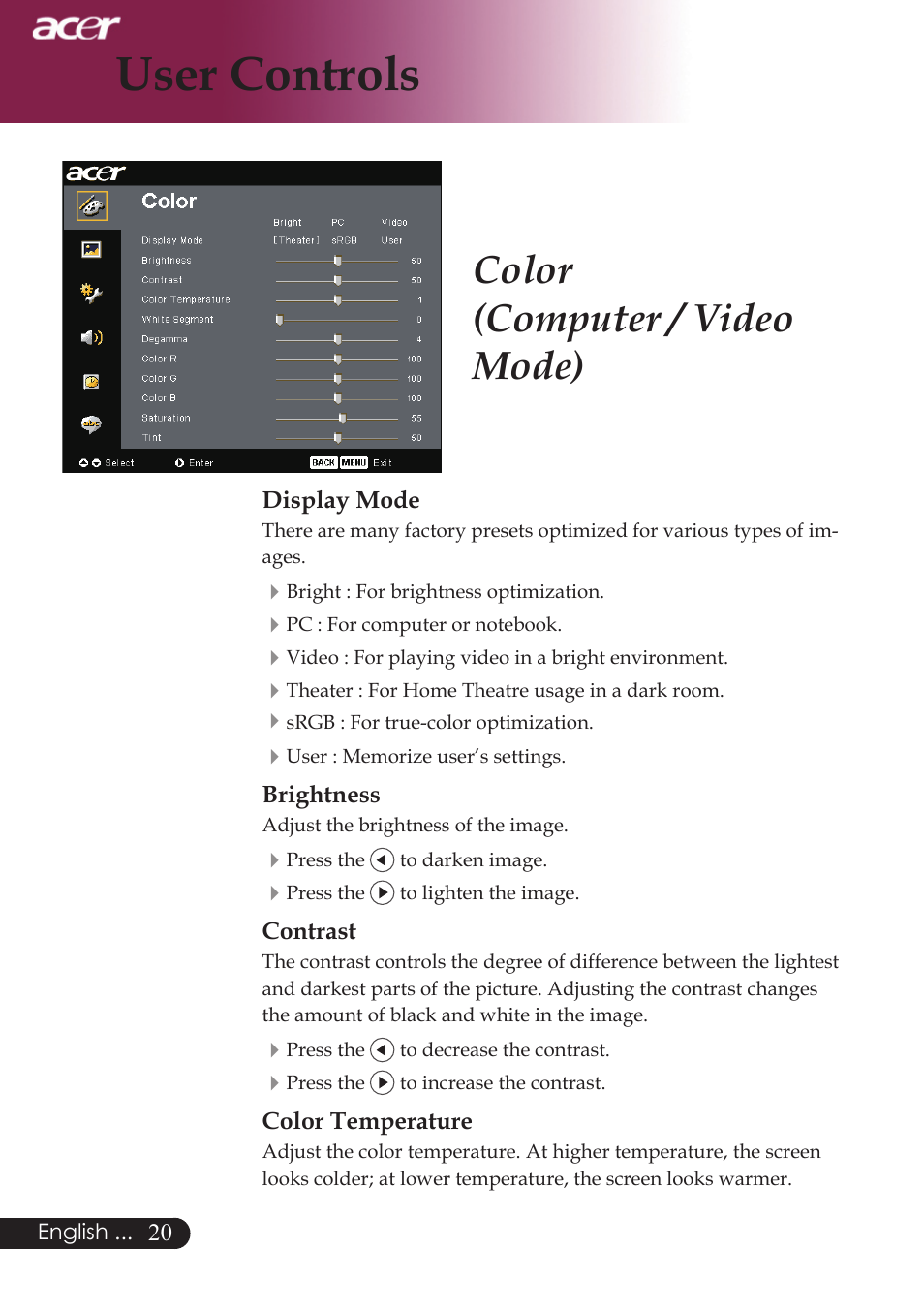 User controls, Color (computer / video mode) | Acer PW730 User Manual | Page 22 / 46