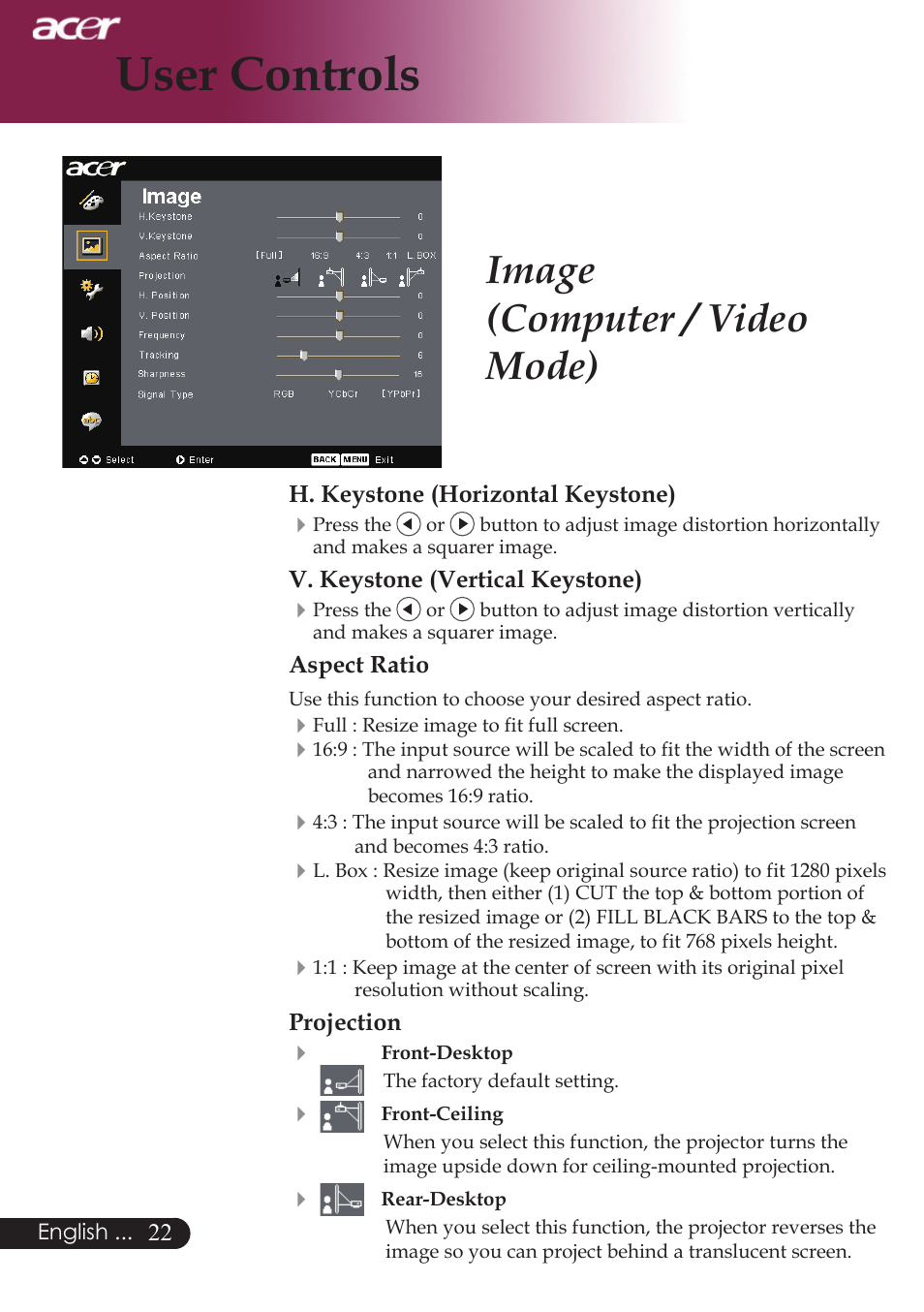 User controls, Image (computer / video mode) | Acer PW730 User Manual | Page 24 / 46
