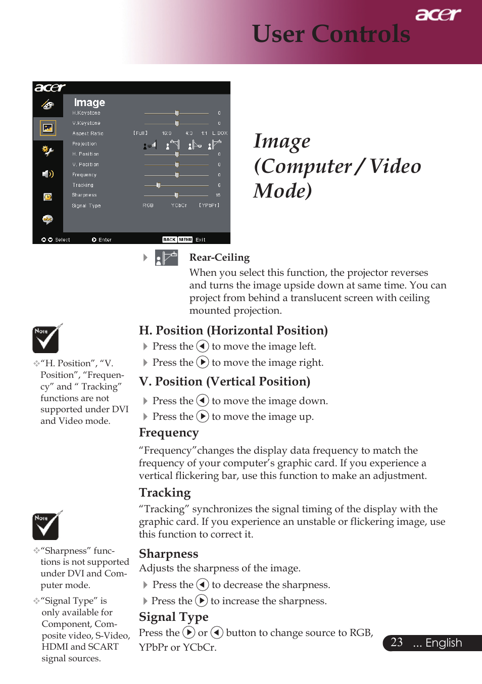 User controls, Image (computer / video mode) | Acer PW730 User Manual | Page 25 / 46