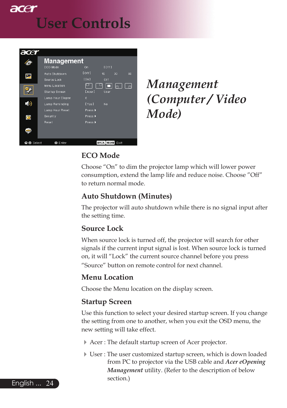 User controls, Management (computer / video mode) | Acer PW730 User Manual | Page 26 / 46