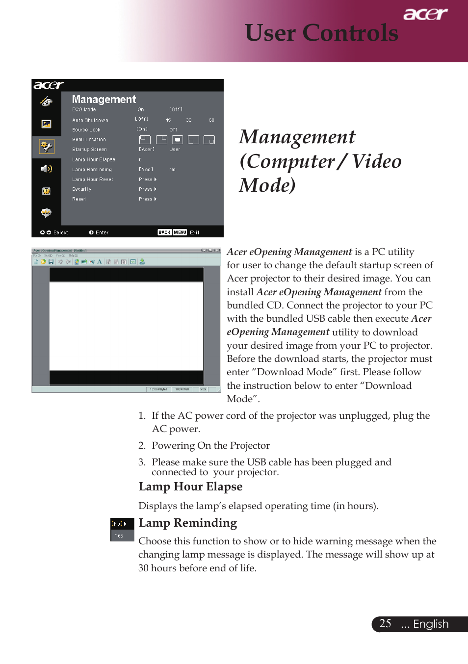 User controls, Management (computer / video mode) | Acer PW730 User Manual | Page 27 / 46