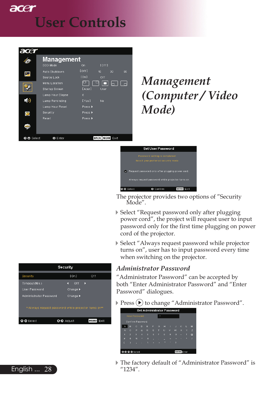 User controls, Management (computer / video mode) | Acer PW730 User Manual | Page 30 / 46
