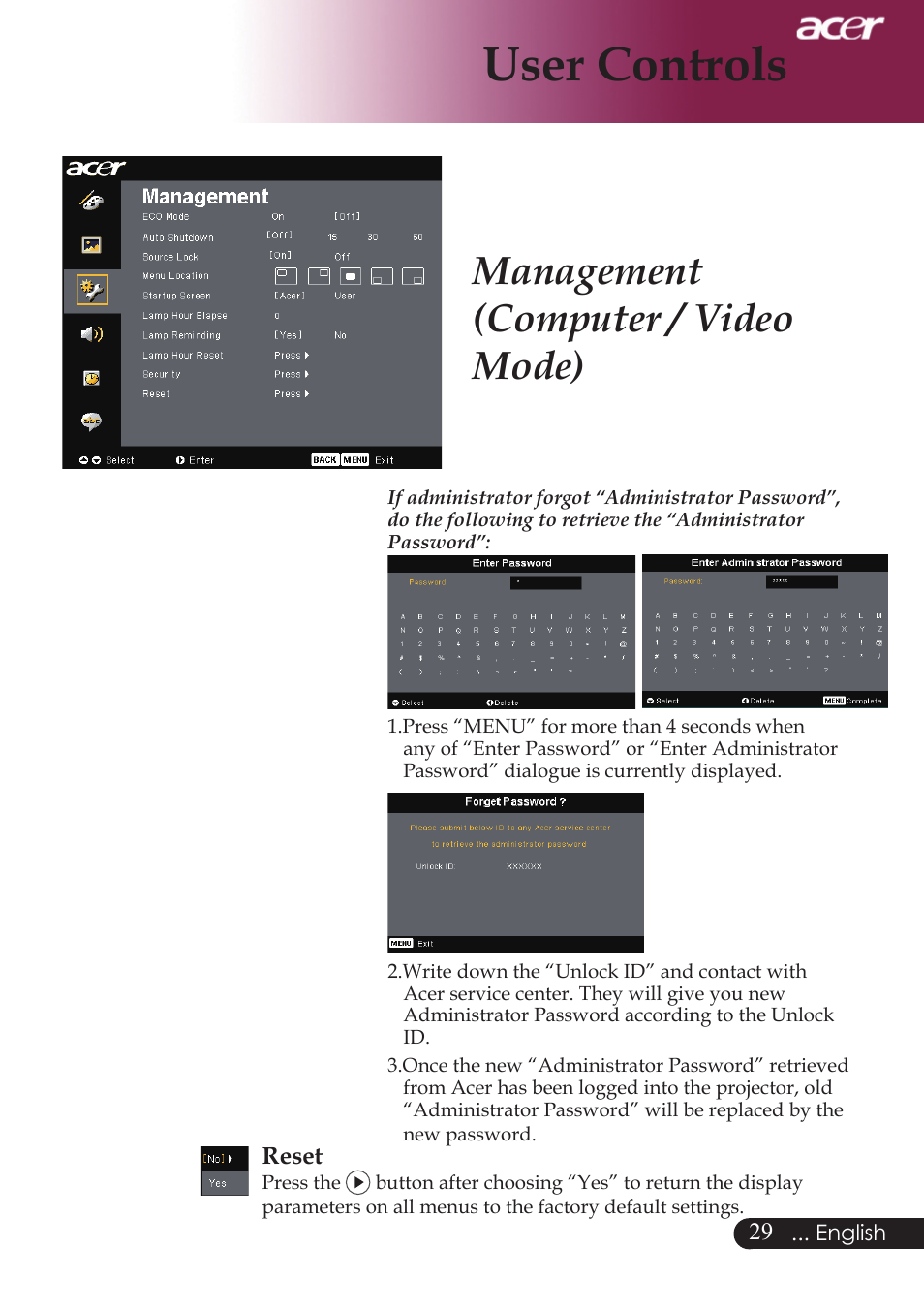 User controls, Management (computer / video mode) | Acer PW730 User Manual | Page 31 / 46