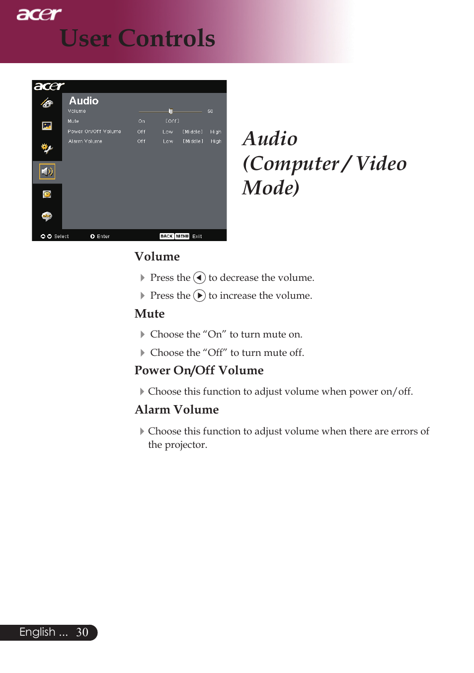 User controls, Audio (computer / video mode) | Acer PW730 User Manual | Page 32 / 46