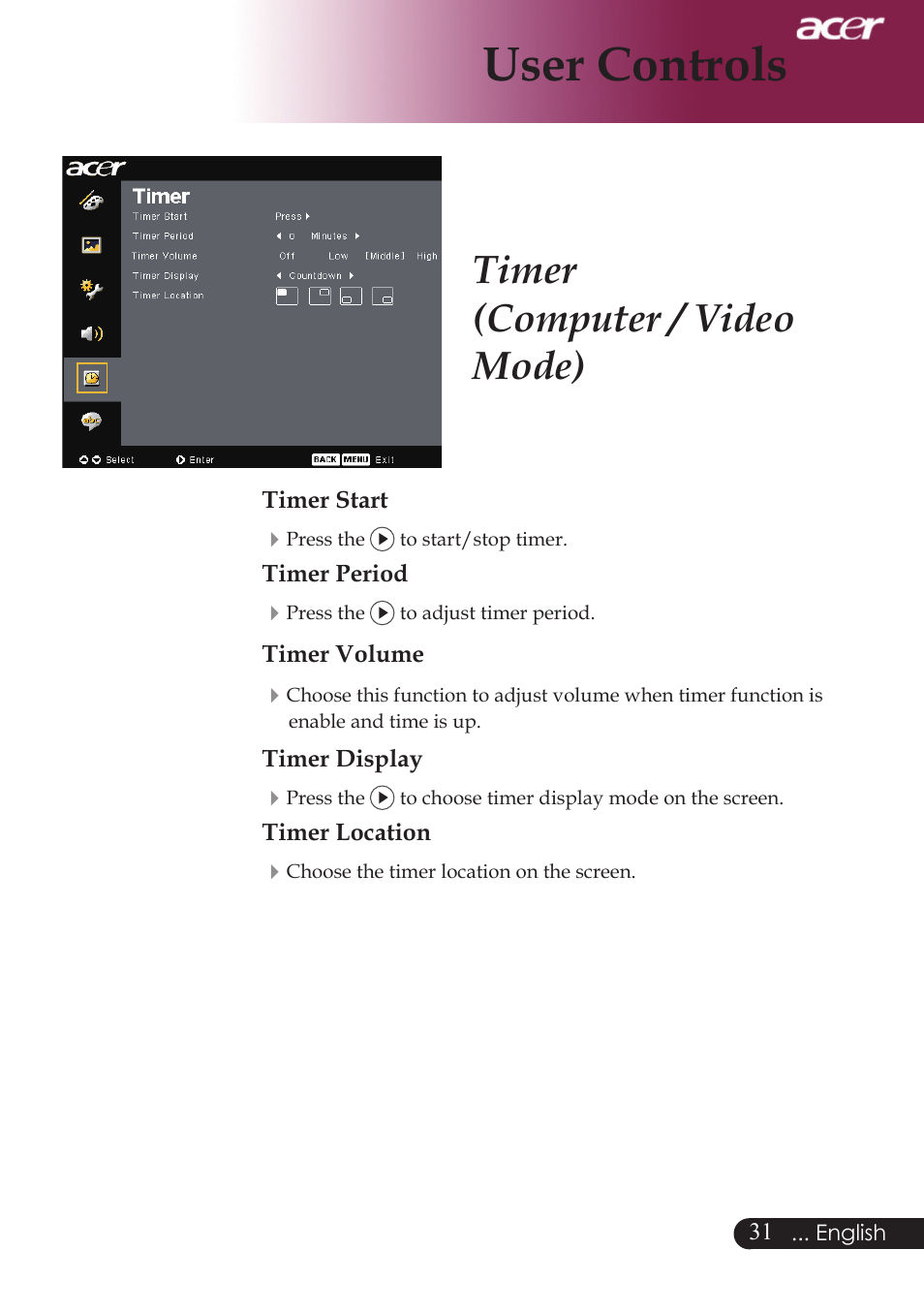 User controls, Timer (computer / video mode) | Acer PW730 User Manual | Page 33 / 46