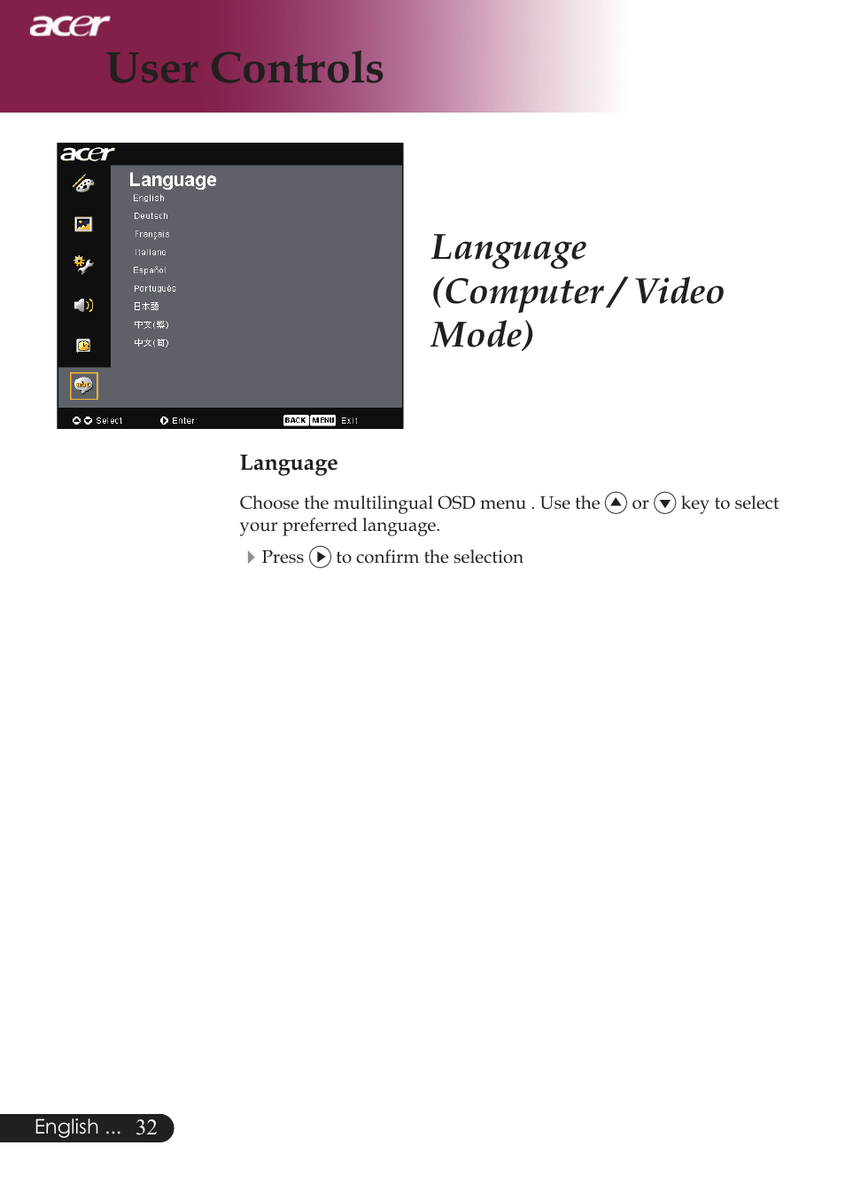 User controls, Language (computer / video mode) | Acer PW730 User Manual | Page 34 / 46