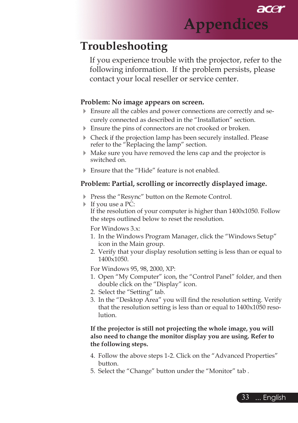 Appendices, Troubleshooting | Acer PW730 User Manual | Page 35 / 46