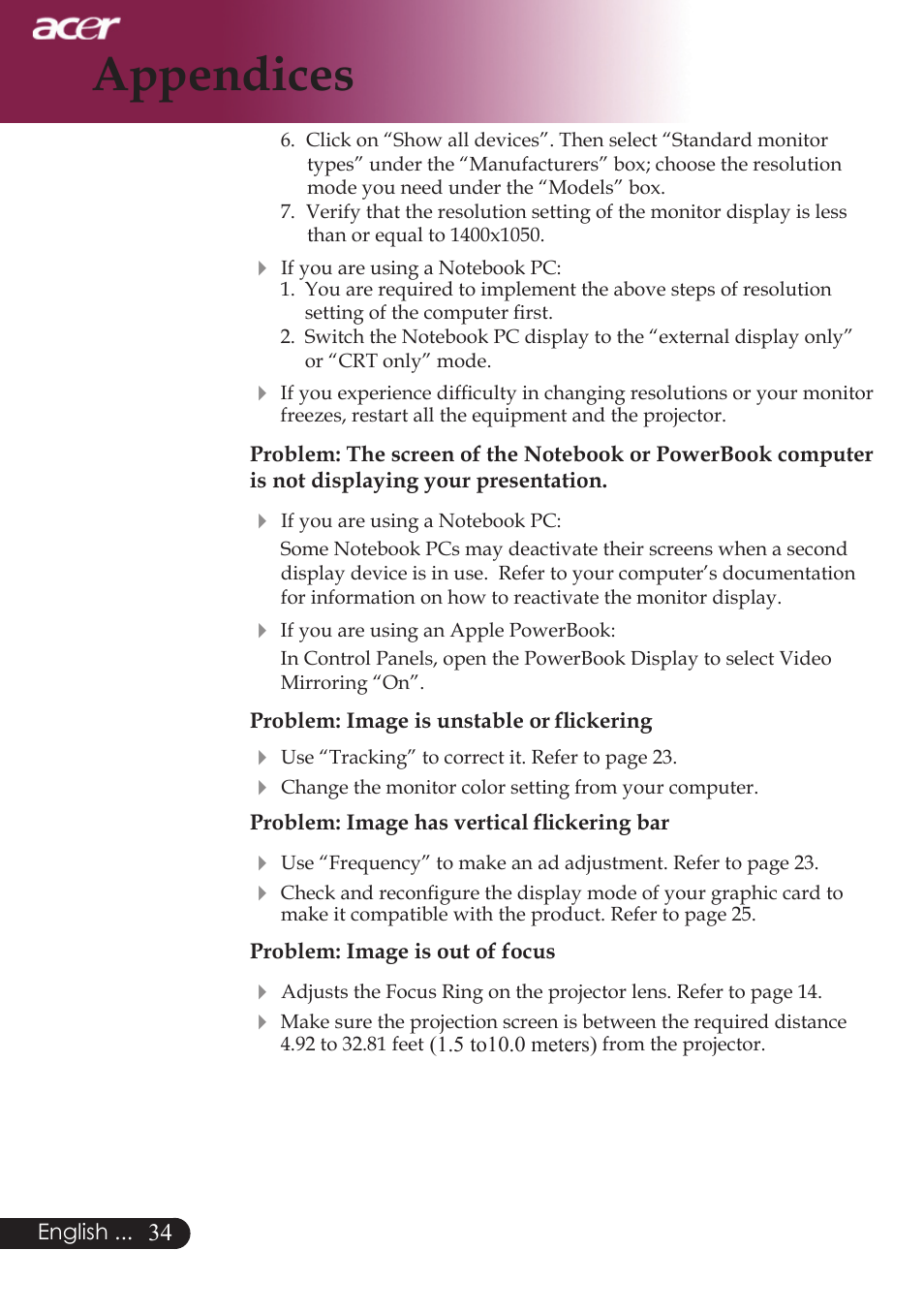 Appendices | Acer PW730 User Manual | Page 36 / 46
