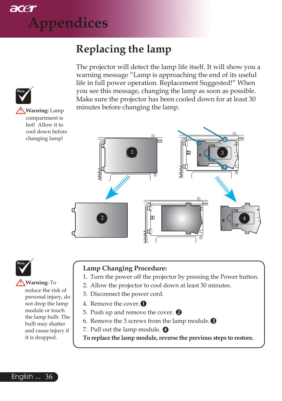 Appendices, Replacing the lamp | Acer PW730 User Manual | Page 38 / 46