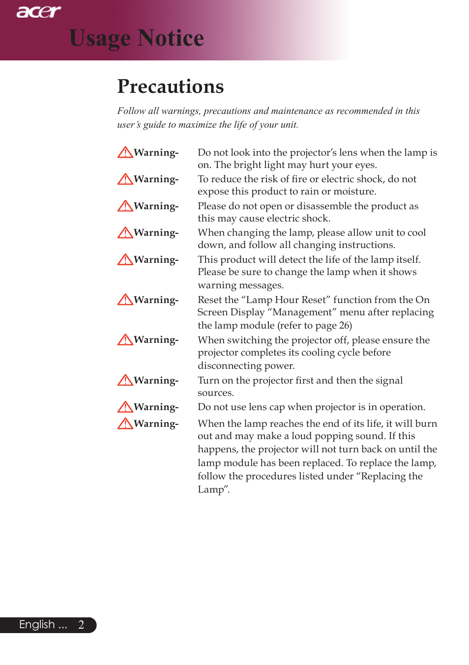 Usage notice, Precautions | Acer PW730 User Manual | Page 4 / 46