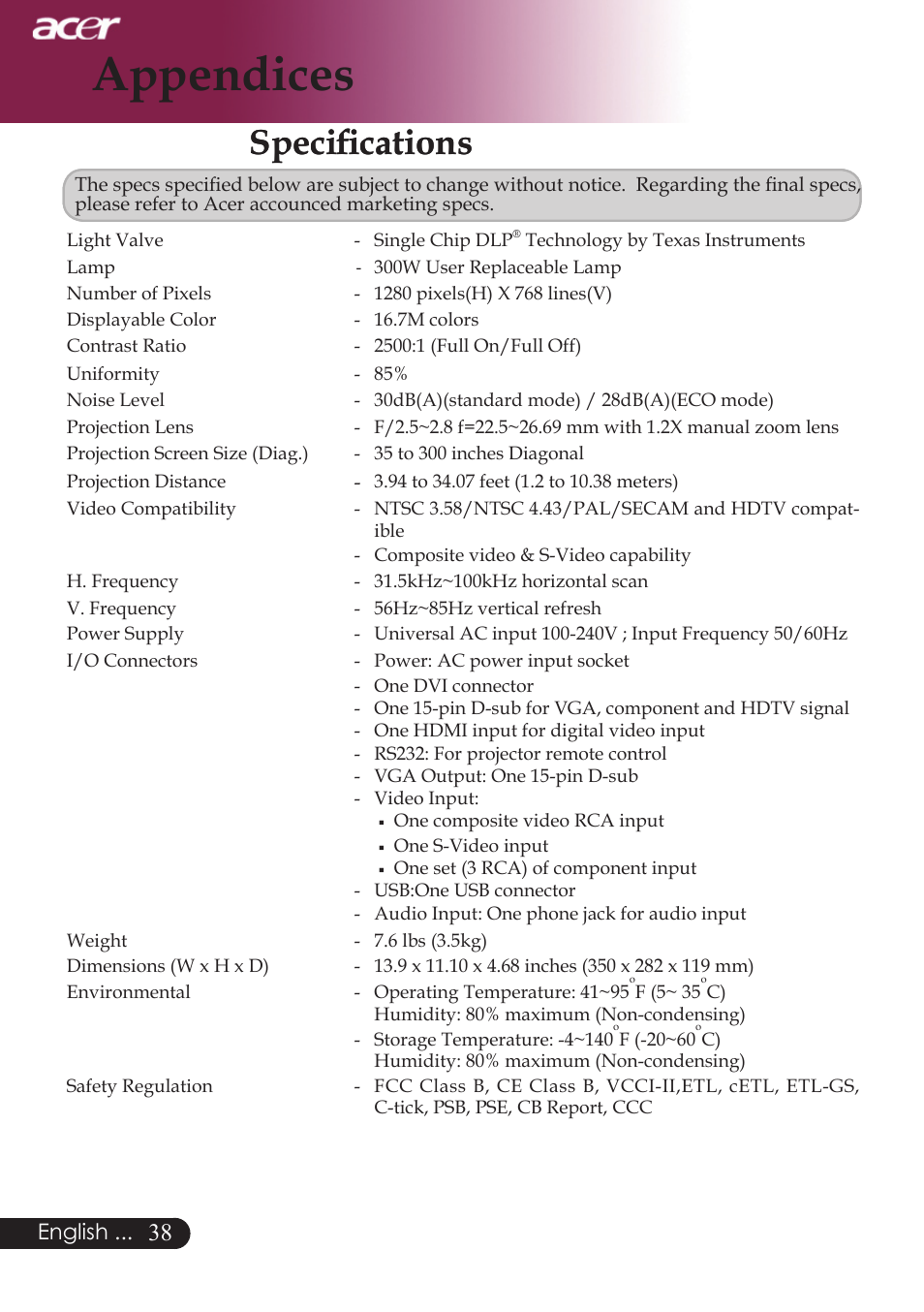 Appendices, Specifications | Acer PW730 User Manual | Page 40 / 46