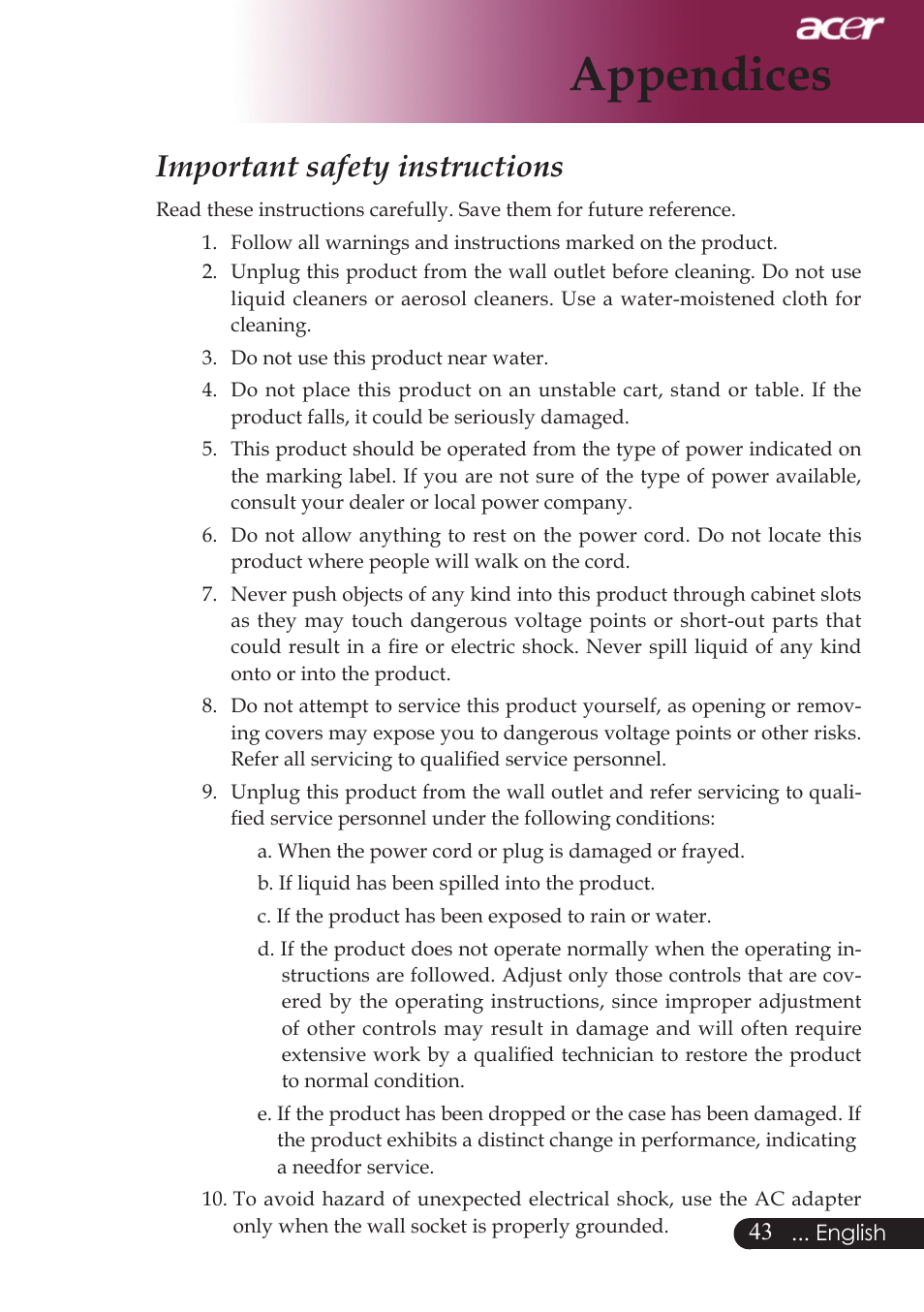 Appendices, Important safety instructions | Acer PW730 User Manual | Page 45 / 46