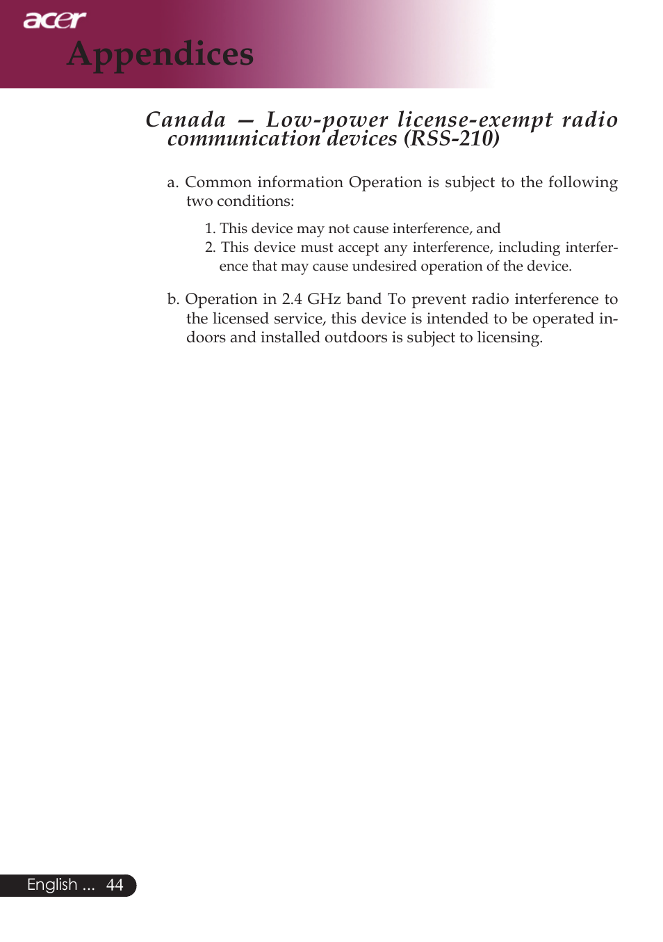 Appendices | Acer PW730 User Manual | Page 46 / 46