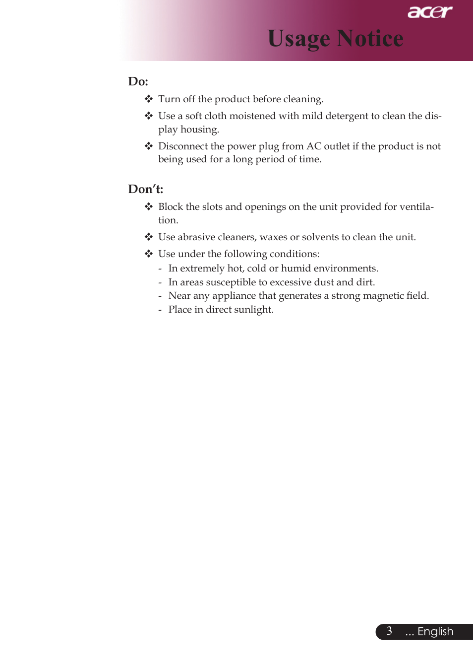 Usage notice | Acer PW730 User Manual | Page 5 / 46