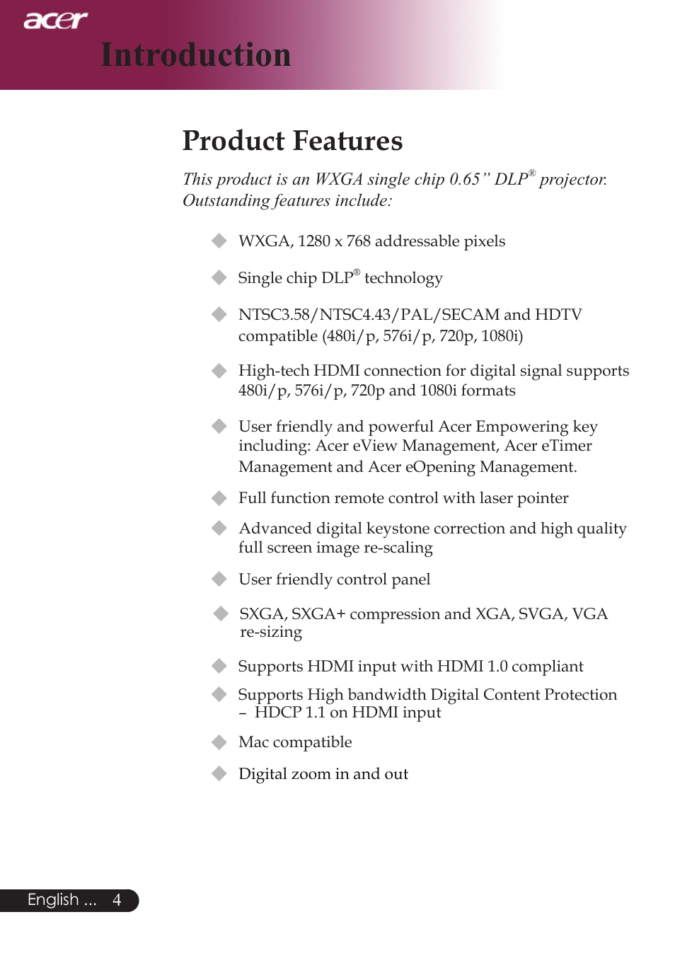Introduction, Product features | Acer PW730 User Manual | Page 6 / 46