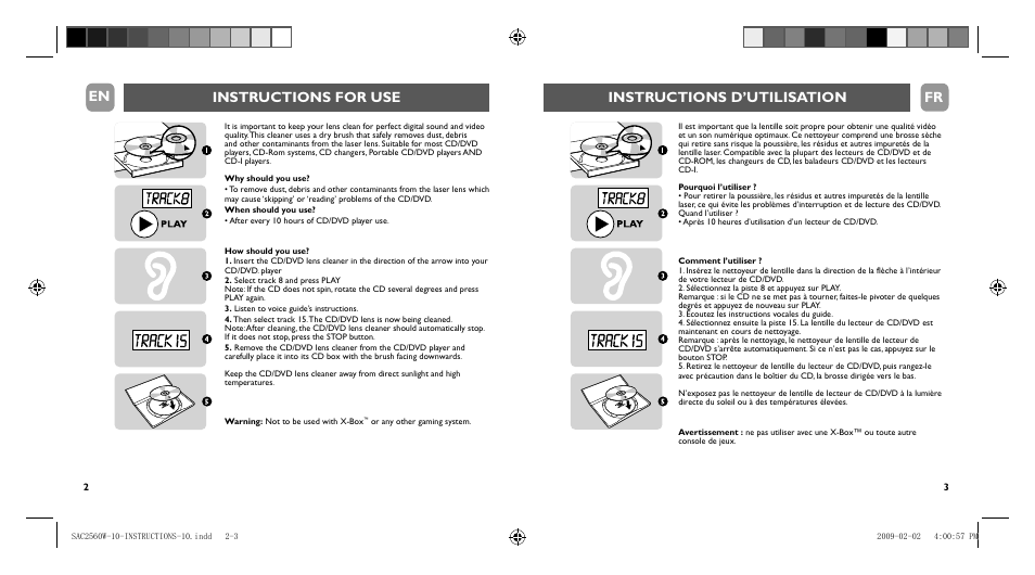 Instructions for use instructions d’utilisation fr | Philips Nettoyeur pour lentille de lecteur CD User Manual | Page 2 / 10