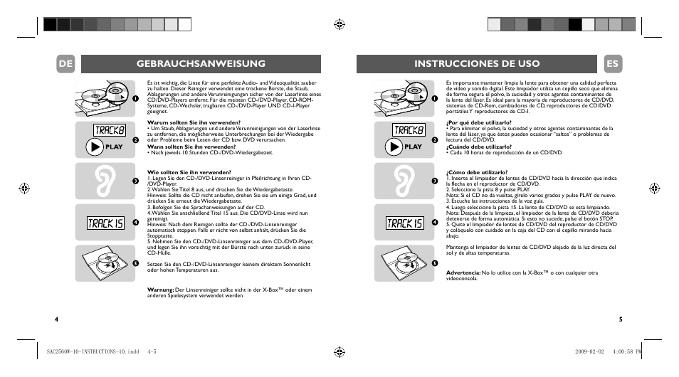 Instrucciones de uso es gebrauchsanweisung de | Philips Nettoyeur pour lentille de lecteur CD User Manual | Page 3 / 10