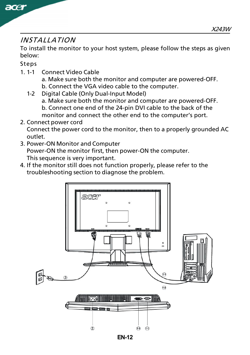 Installation | Acer X243W User Manual | Page 13 / 21