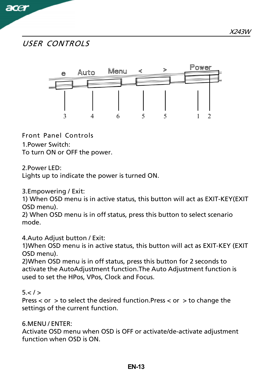 User controls | Acer X243W User Manual | Page 14 / 21