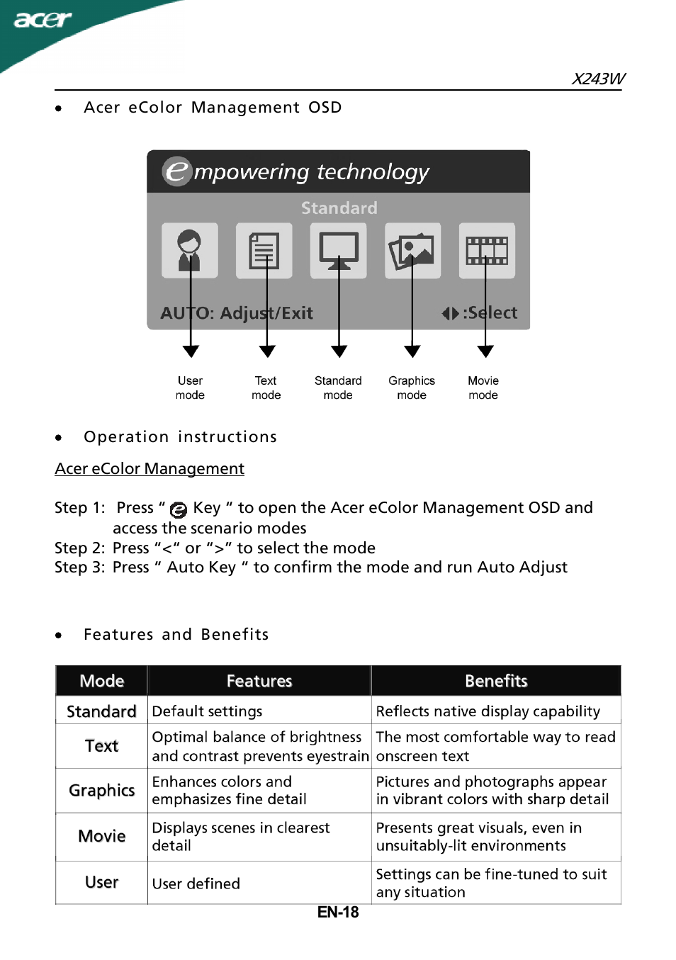 Acer X243W User Manual | Page 19 / 21