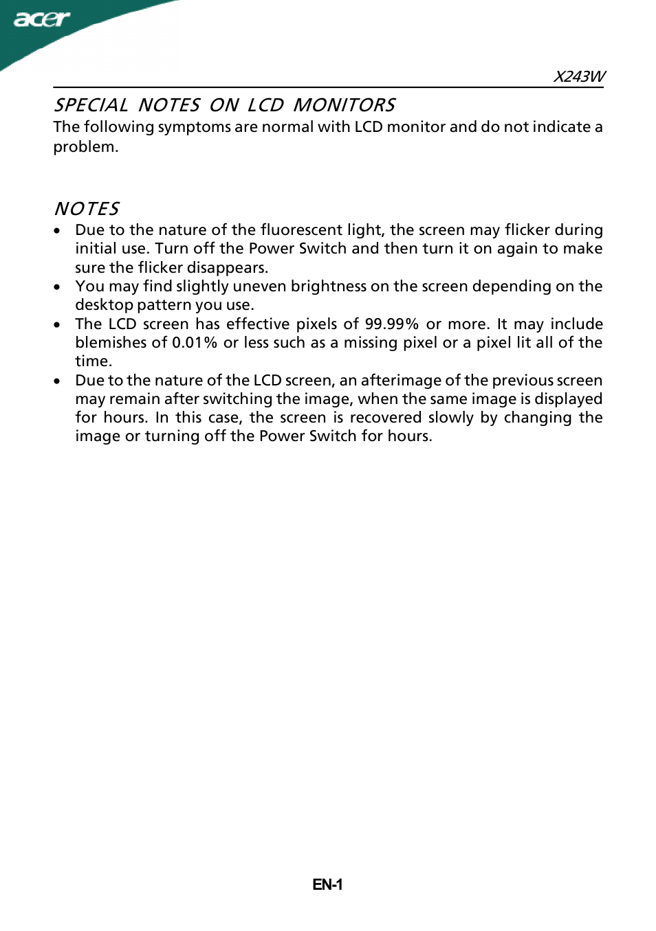 Acer X243W User Manual | Page 2 / 21