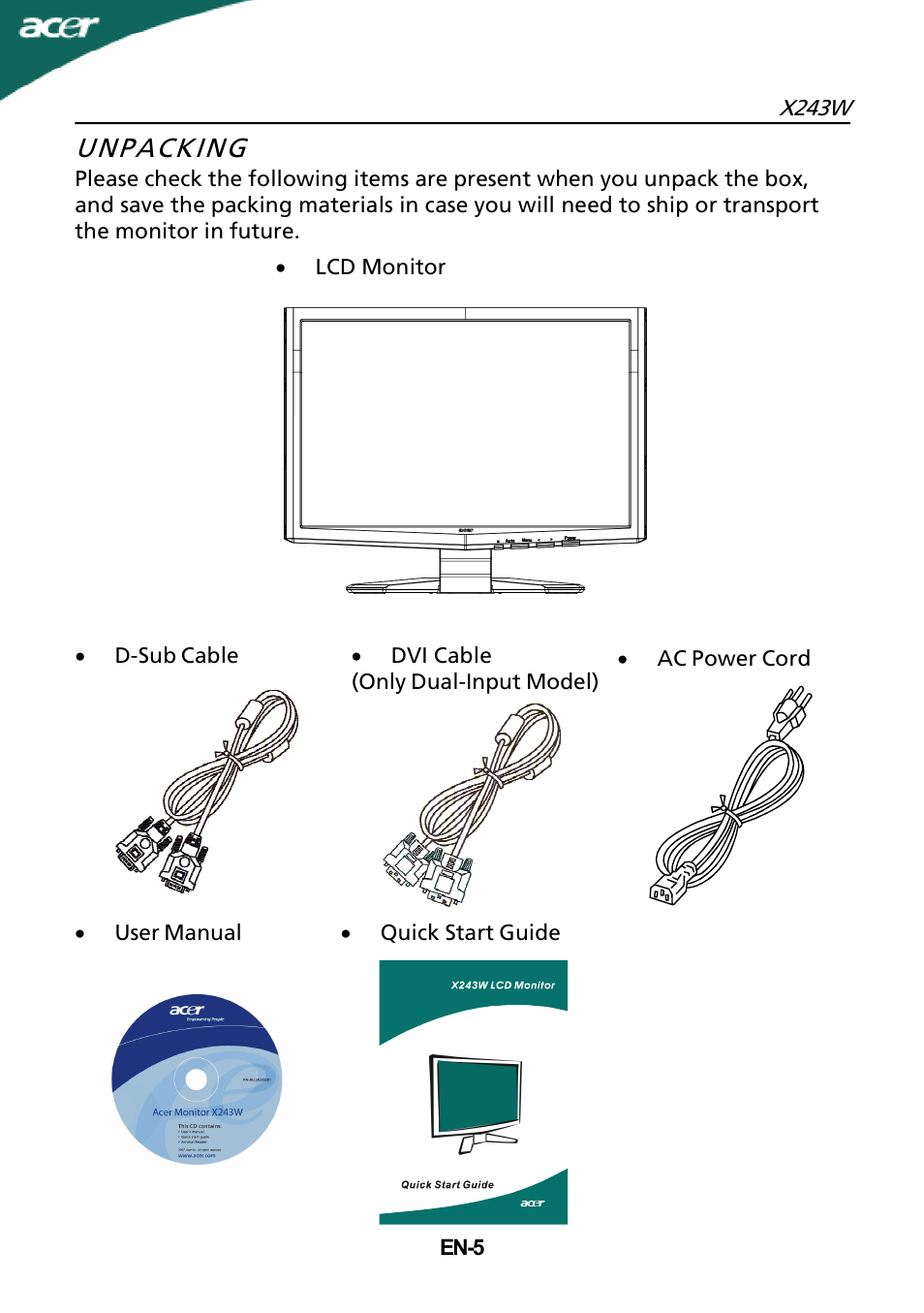 Unpacking | Acer X243W User Manual | Page 6 / 21