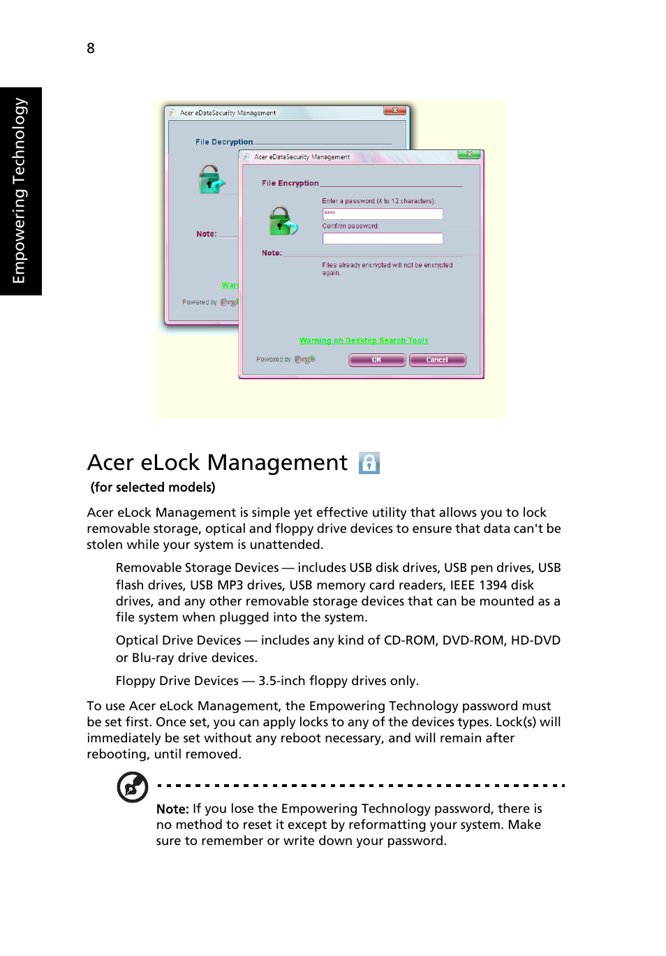 Acer elock management (for selected models), Acer elock management | Acer 3680 User Manual | Page 28 / 124