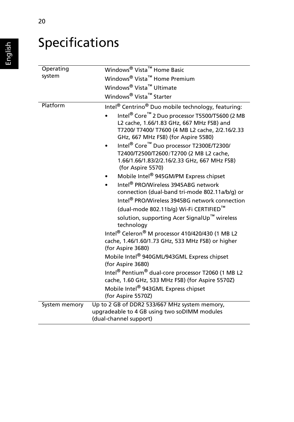 Specifications, English | Acer 3680 User Manual | Page 40 / 124