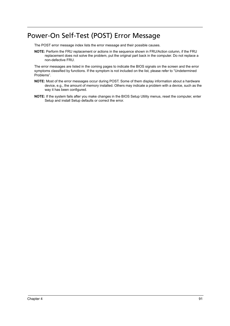 Power-on self-test (post) error message | Acer 4715Z User Manual | Page 101 / 154