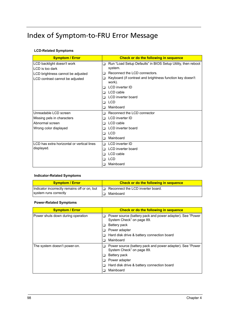 Index of symptom-to-fru error message | Acer 4715Z User Manual | Page 108 / 154