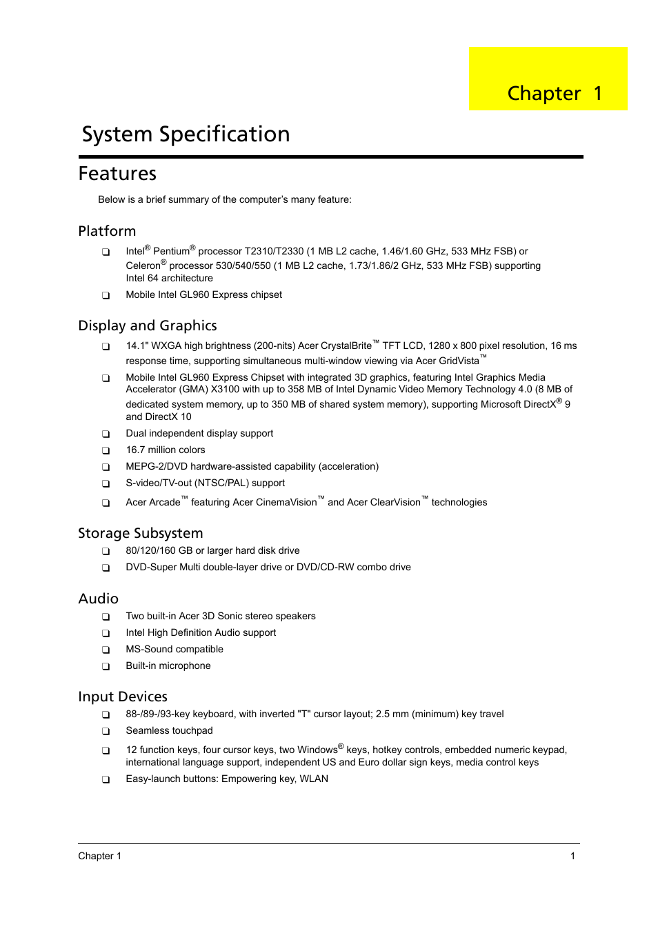 System specification, Features, Chapter 1 | Platform, Display and graphics, Storage subsystem, Audio, Input devices | Acer 4715Z User Manual | Page 11 / 154