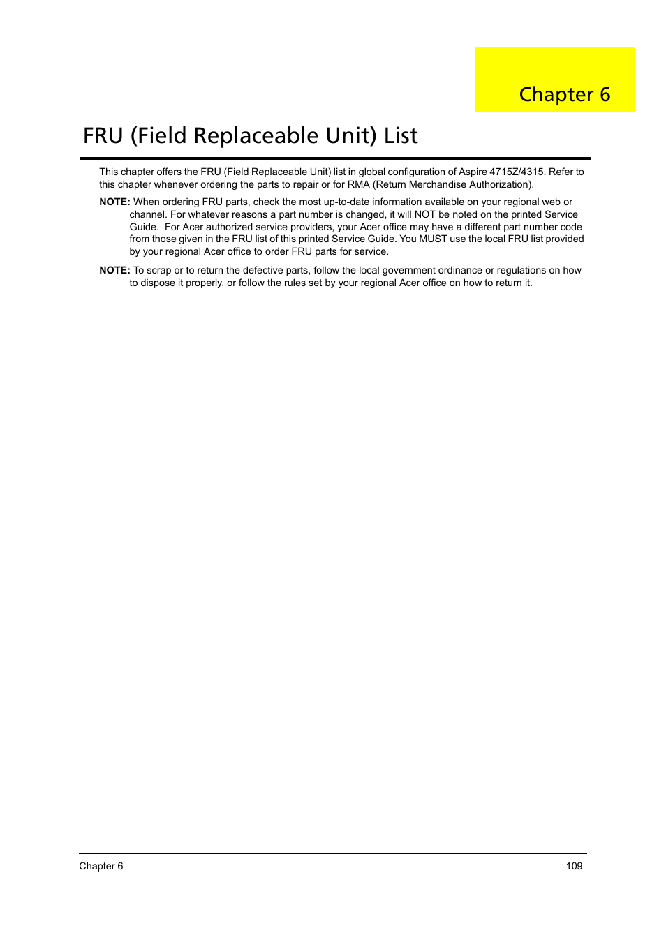 Fru (field replaceable unit) list, Fru (field replaceable unit) list 109, Chapter 6 | Acer 4715Z User Manual | Page 119 / 154