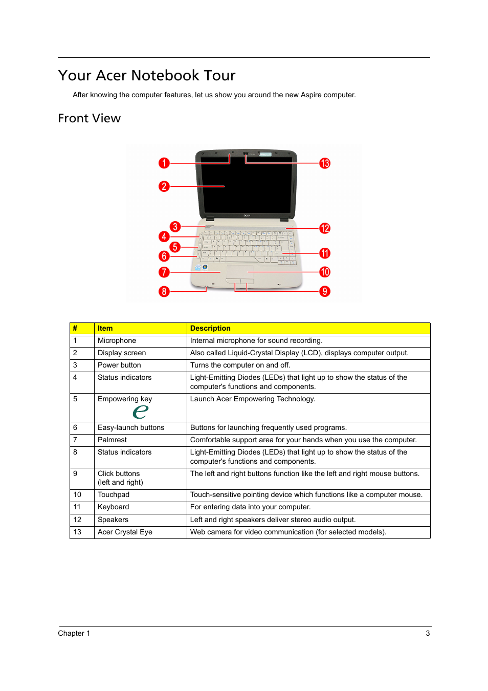 Your acer notebook tour, Front view | Acer 4715Z User Manual | Page 13 / 154