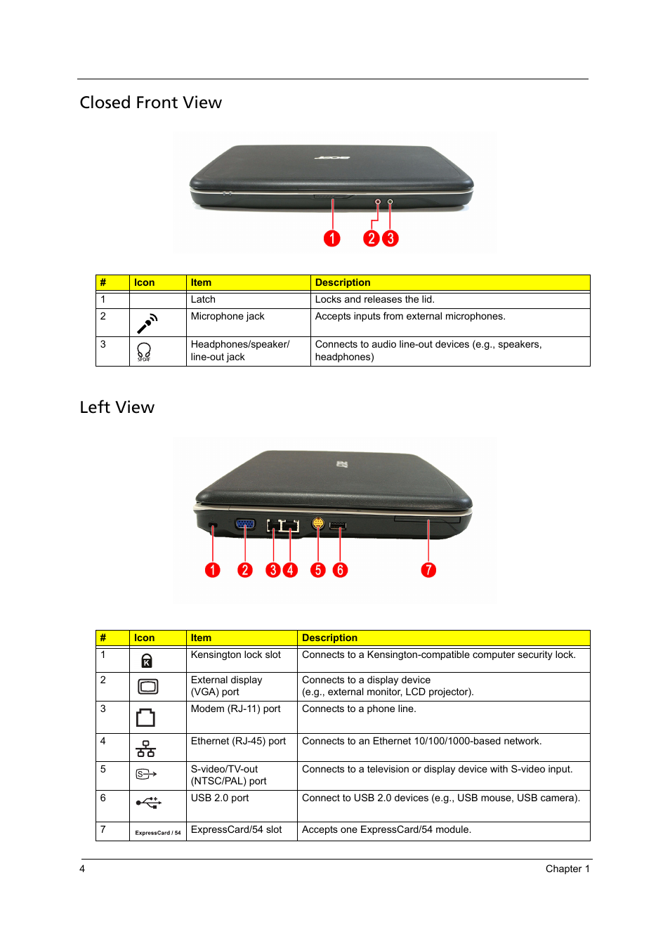 Closed front view, Left view, Closed front view left view | Acer 4715Z User Manual | Page 14 / 154