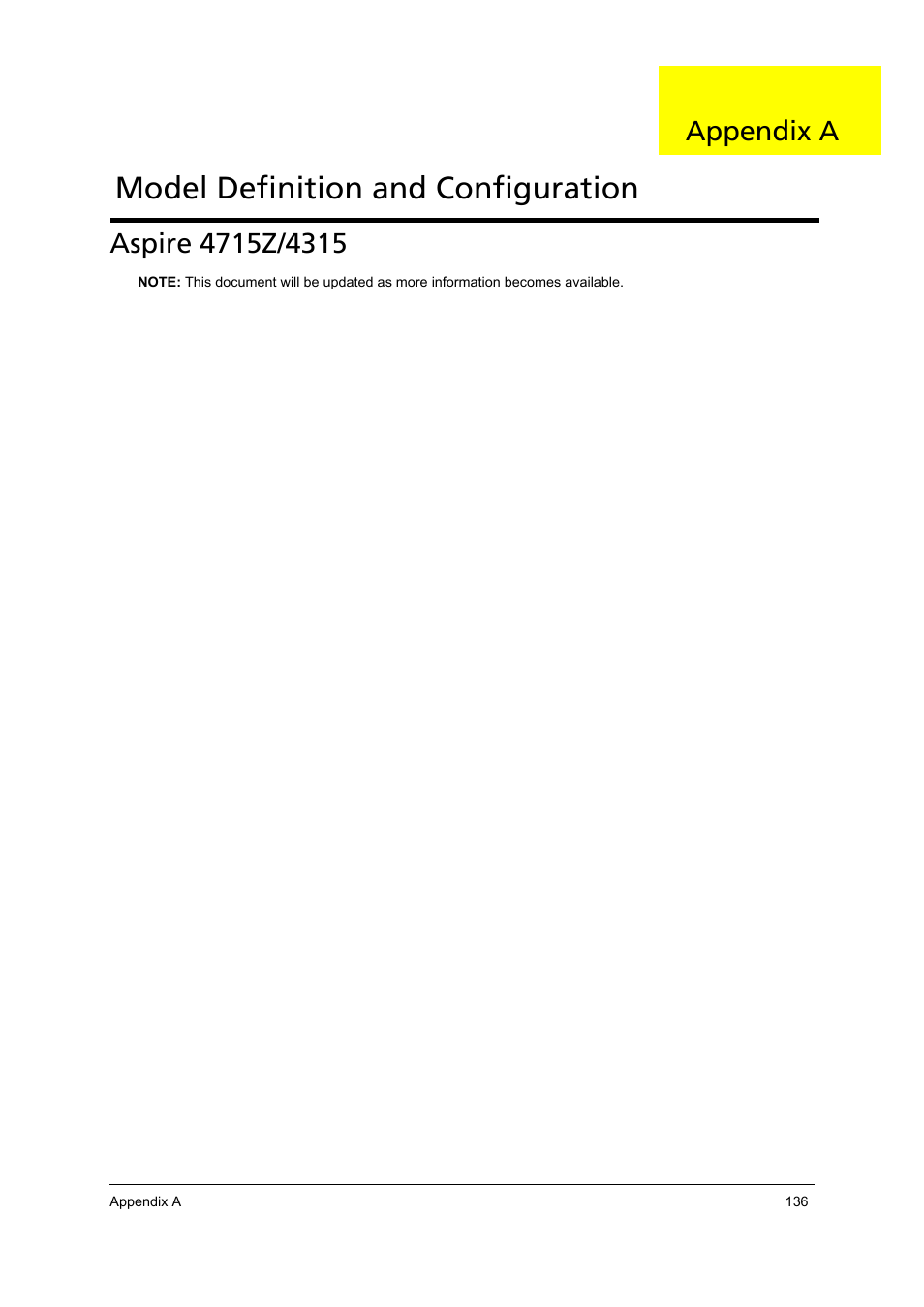 Model definition and configuration, Aspire 4715z/4315, Appendix a | Acer 4715Z User Manual | Page 146 / 154