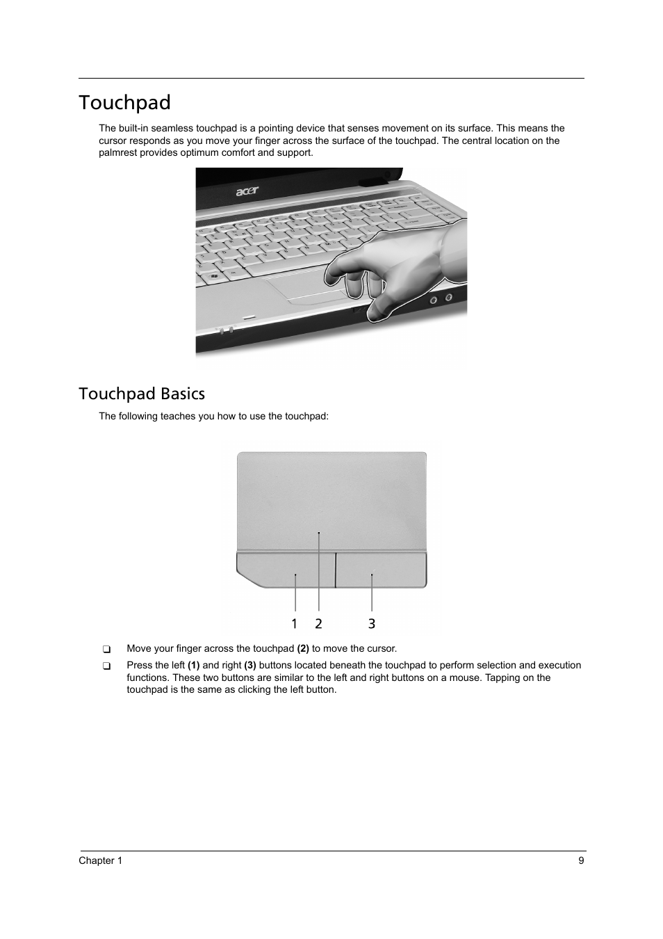 Touchpad, Touchpad basics | Acer 4715Z User Manual | Page 19 / 154