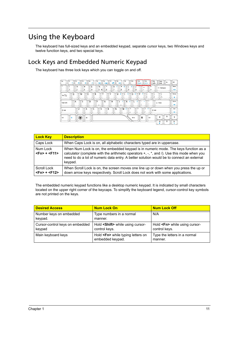 Using the keyboard, Lock keys and embedded numeric keypad | Acer 4715Z User Manual | Page 21 / 154