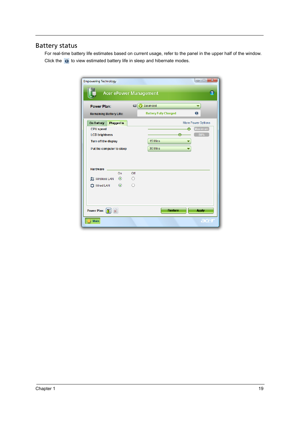 Battery status | Acer 4715Z User Manual | Page 29 / 154