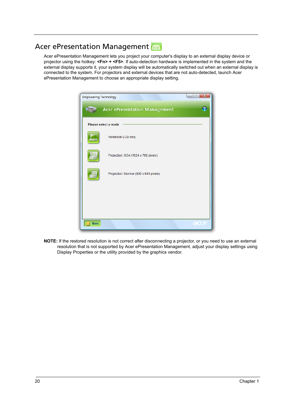 Acer epresentation management | Acer 4715Z User Manual | Page 30 / 154